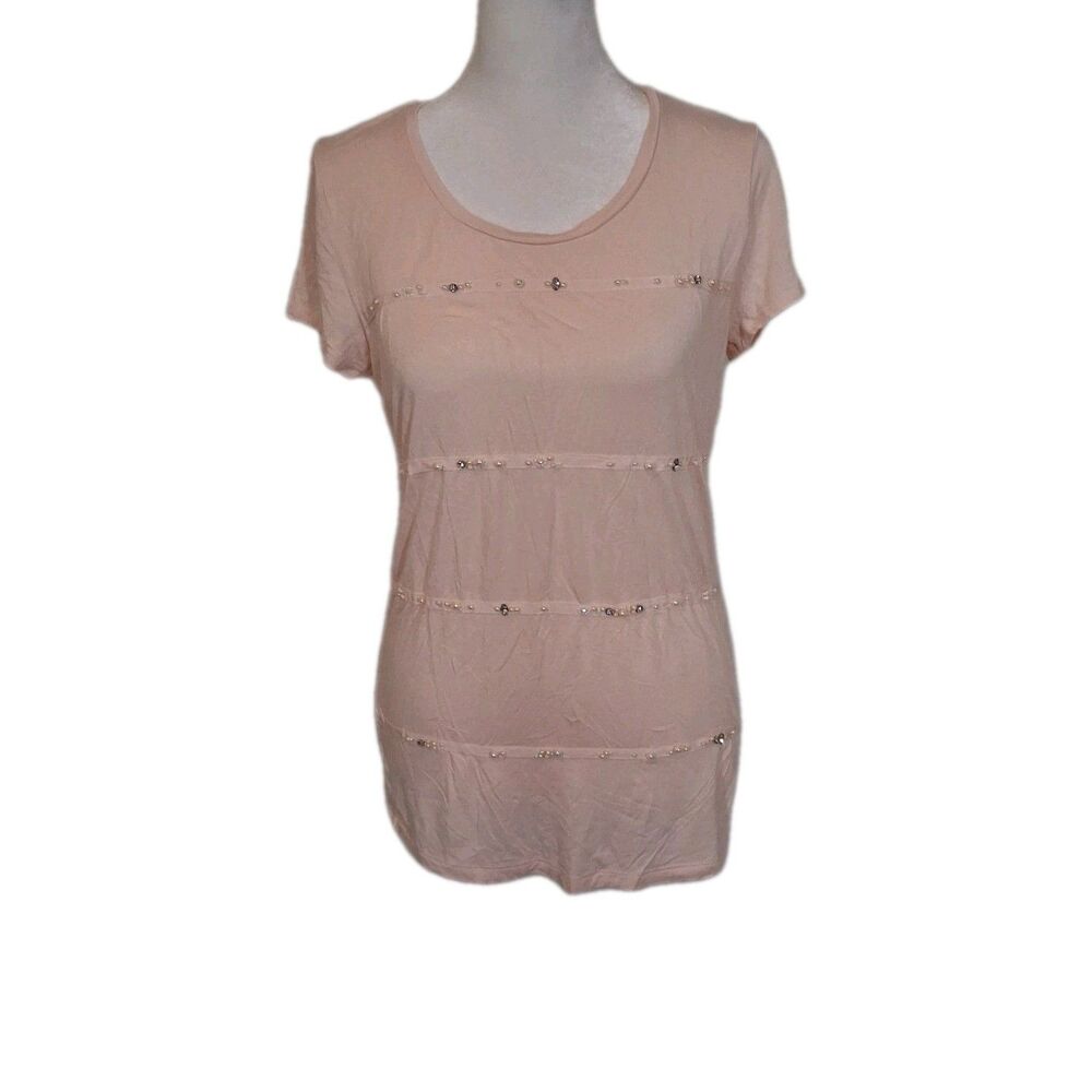 Rhinestone Faux Pearl Pink T Shirt Women's Sz S Glam Casual Preppy Princess